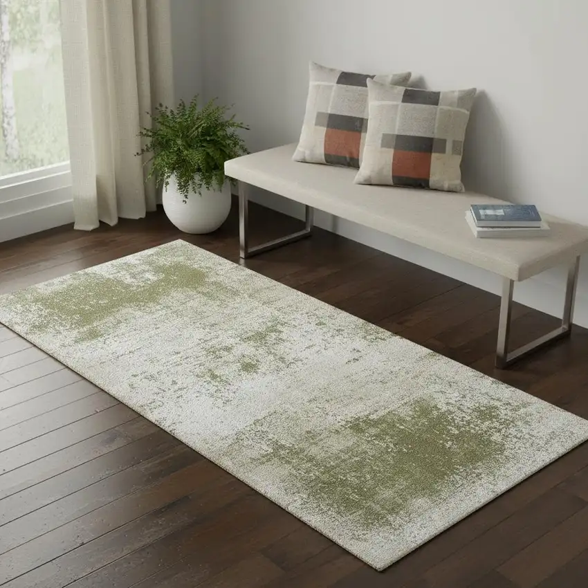 Green Beige And White Abstract Washable Area Rug With UV Protection Photo 1