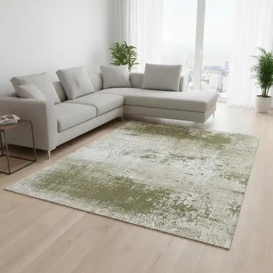 Green Beige And White Abstract Washable Area Rug With UV Protection Photo 1
