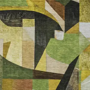 Photo of Green Black And Gold Abstract Washable Area Rug With UV Protection