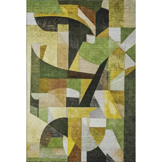 Green Black And Gold Abstract Washable Area Rug With UV Protection Photo 1