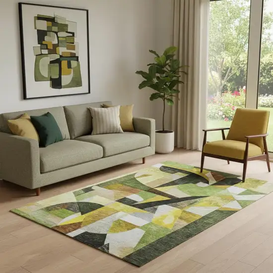 Green Black And Gold Abstract Washable Area Rug With UV Protection Photo 2