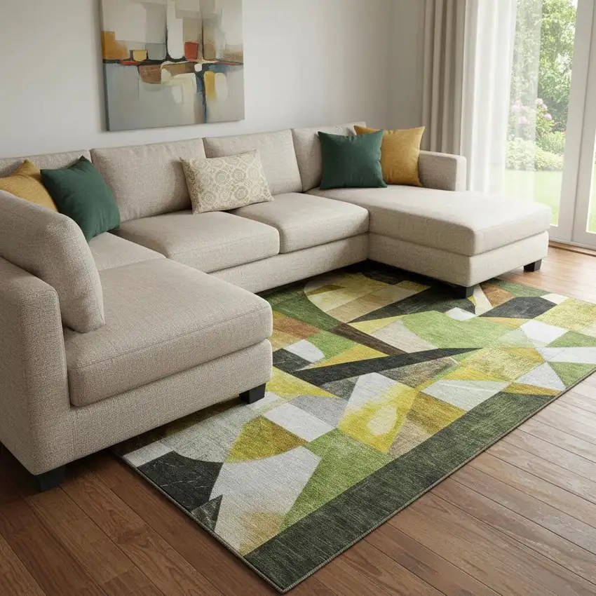 Green Black And Gold Abstract Washable Area Rug With UV Protection Photo 2