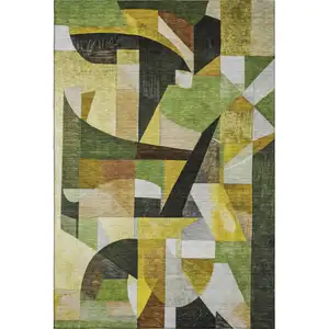 Photo of Green Black And Gold Abstract Washable Area Rug With UV Protection