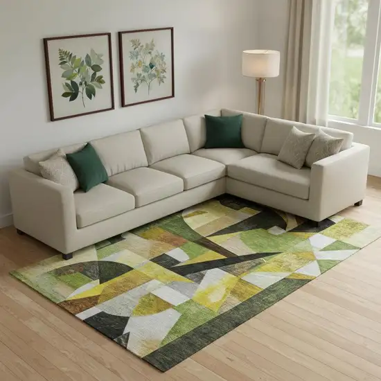 Green Black And Gold Abstract Washable Area Rug With UV Protection Photo 2