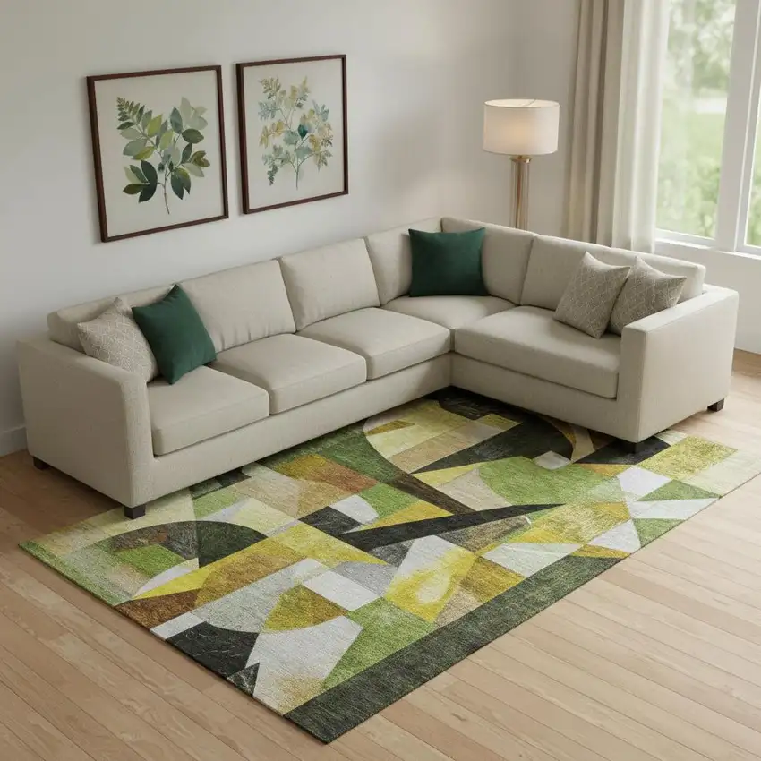 Green Black And Gold Abstract Washable Area Rug With UV Protection Photo 2