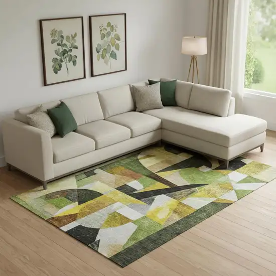 Green Black And Gold Abstract Washable Area Rug With UV Protection Photo 2