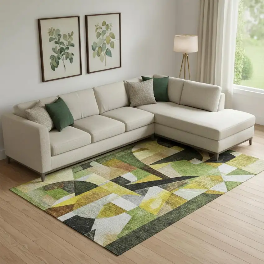 Green Black And Gold Abstract Washable Area Rug With UV Protection Photo 2