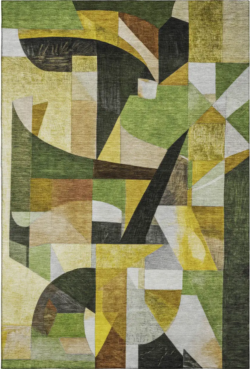 Green Black And Gold Abstract Washable Area Rug With UV Protection Photo 1