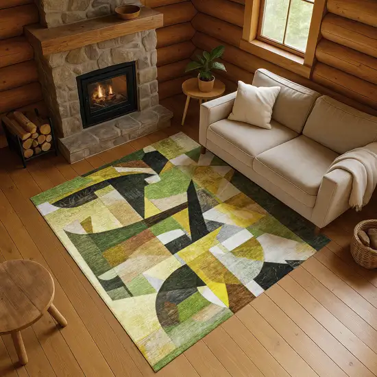 Green Black And Gold Abstract Washable Area Rug With UV Protection Photo 4