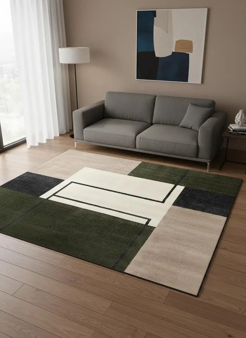 Green Black And Ivory Geometric Area Rug Photo 1