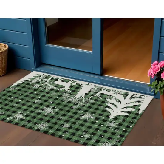 Green Black And Ivory Plaid Washable Indoor Outdoor Area Rug Photo 2