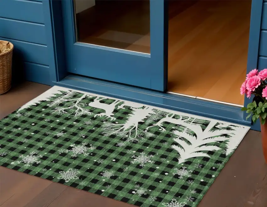 Green Black And Ivory Plaid Washable Indoor Outdoor Area Rug Photo 2