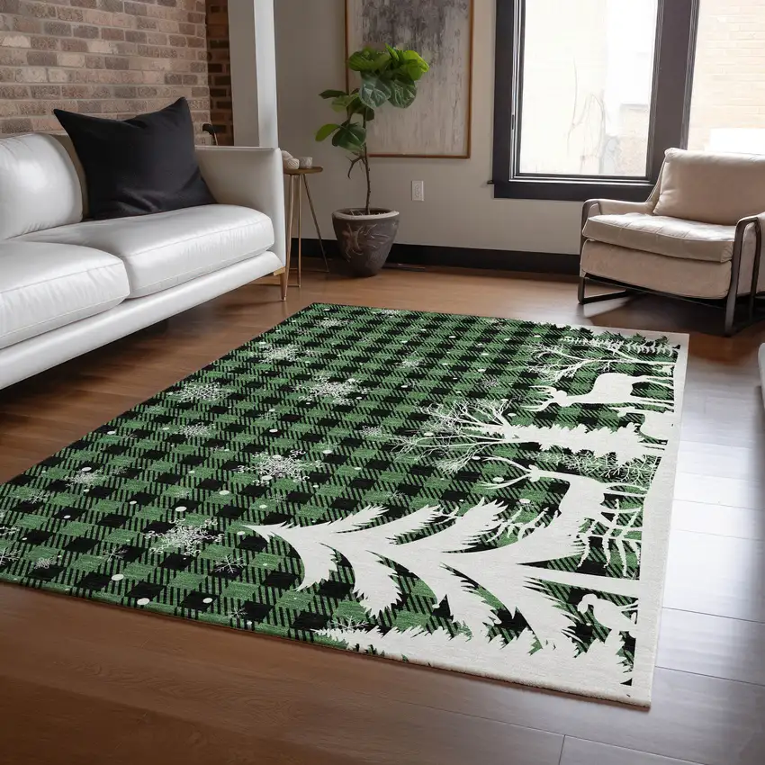 Green Black And Ivory Plaid Washable Indoor Outdoor Area Rug Photo 6