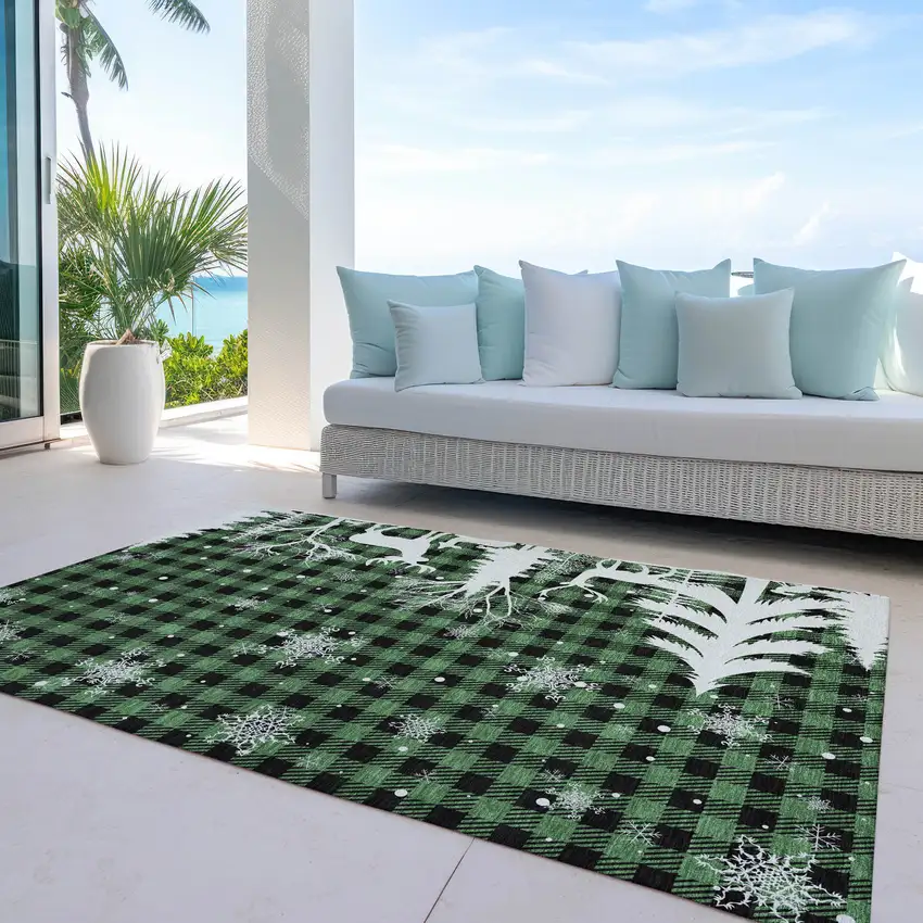 Green Black And Ivory Plaid Washable Indoor Outdoor Area Rug Photo 5