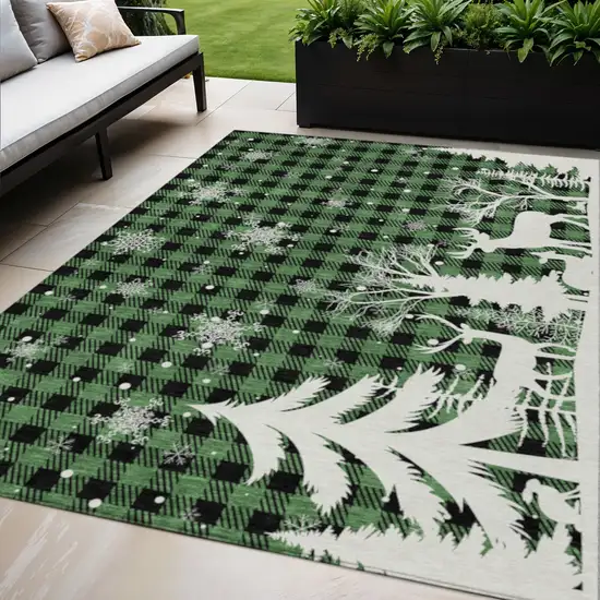 Green Black And Ivory Plaid Washable Indoor Outdoor Area Rug Photo 2