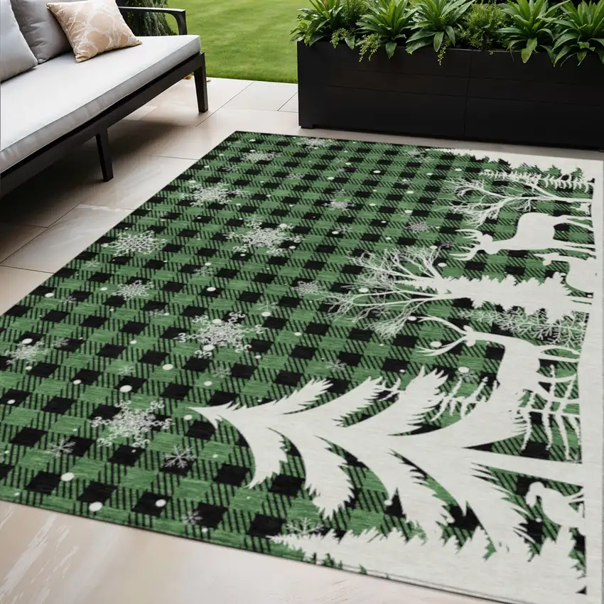 Green Black And Ivory Plaid Washable Indoor Outdoor Area Rug Photo 2