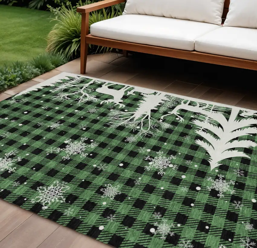 Green Black And Ivory Plaid Washable Indoor Outdoor Area Rug Photo 2