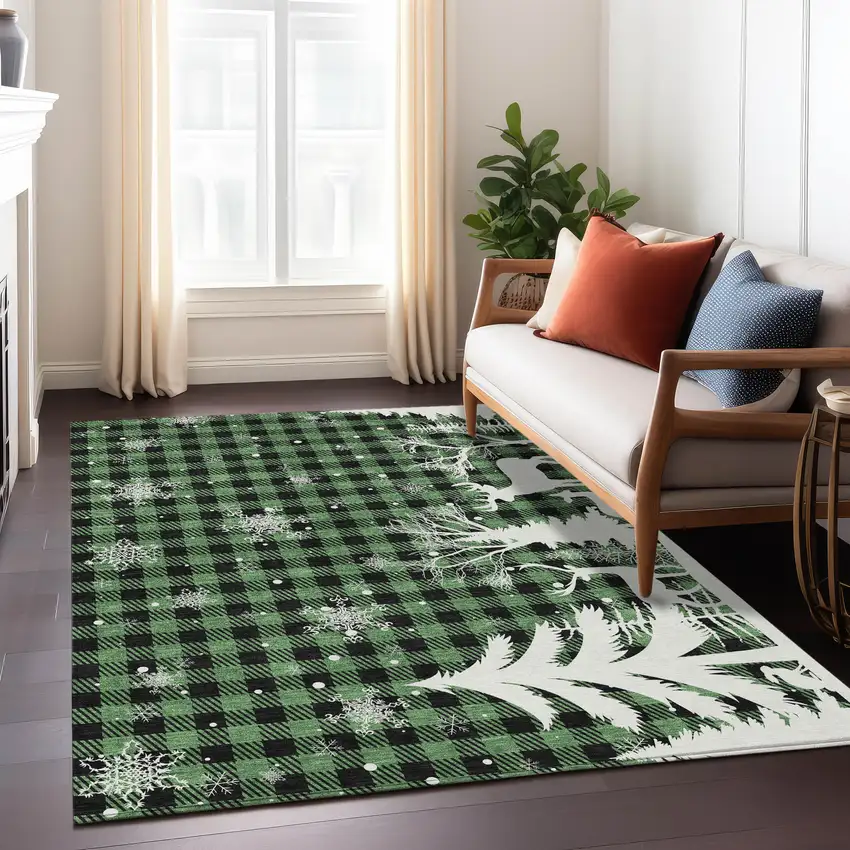 Green Black And Ivory Plaid Washable Indoor Outdoor Area Rug Photo 7
