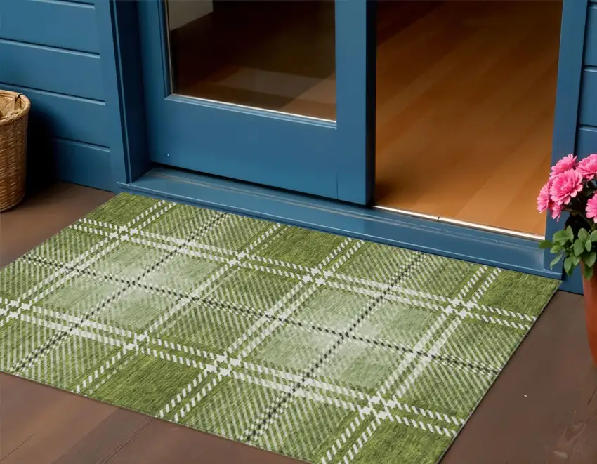 Green Black And Ivory Plaid Washable Indoor Outdoor Area Rug Photo 1