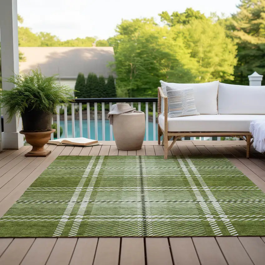 Green Black And Ivory Plaid Washable Indoor Outdoor Area Rug Photo 9