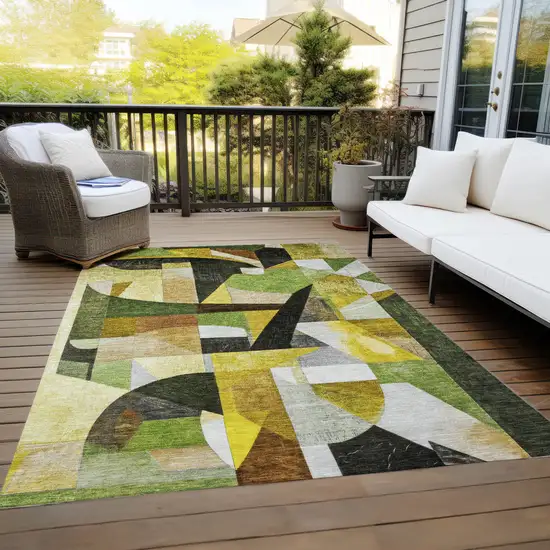 Green Black Gold And Beige Abstract Washable Indoor Outdoor Area Rug Photo 9