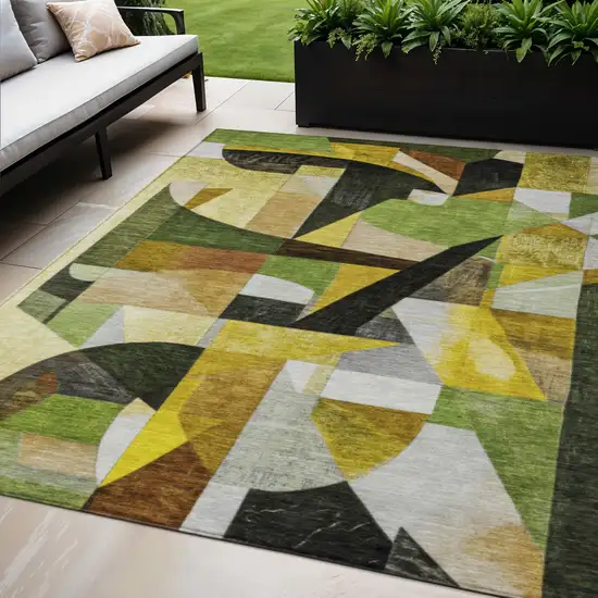 Green Black Gold And Beige Abstract Washable Indoor Outdoor Area Rug Photo 2