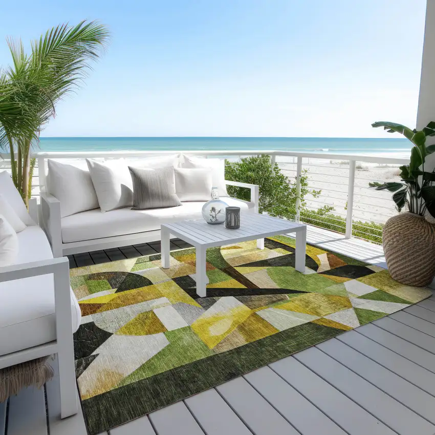 Green Black Gold And Beige Abstract Washable Indoor Outdoor Area Rug Photo 6