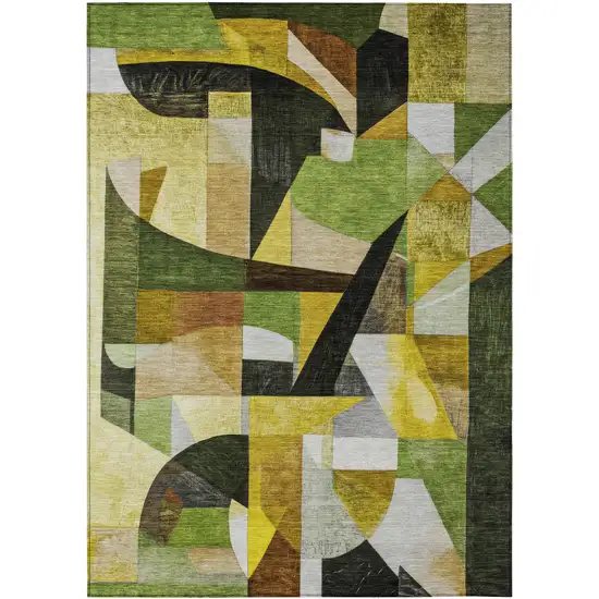 Green Black Gold And Beige Abstract Washable Indoor Outdoor Area Rug Photo 1