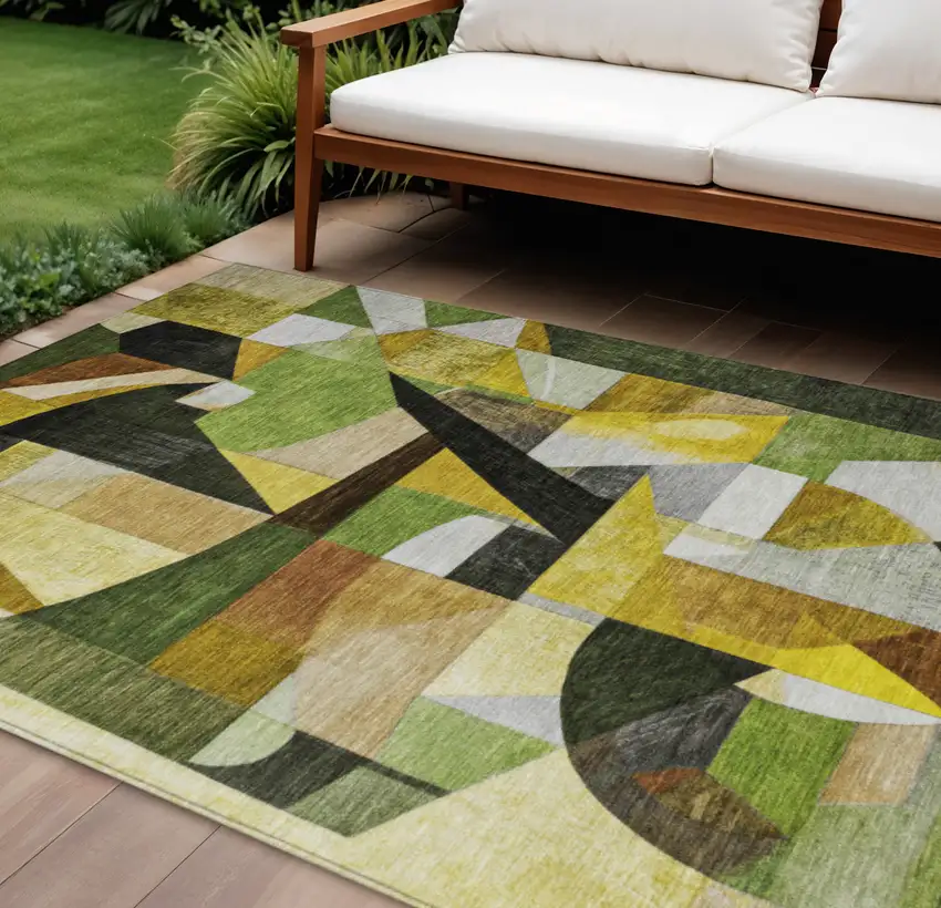 Green Black Gold And Beige Abstract Washable Indoor Outdoor Area Rug Photo 2