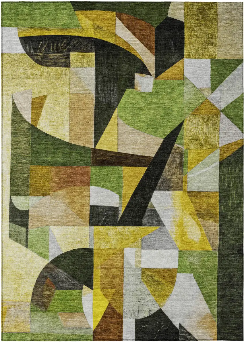 Green Black Gold And Beige Abstract Washable Indoor Outdoor Area Rug Photo 1