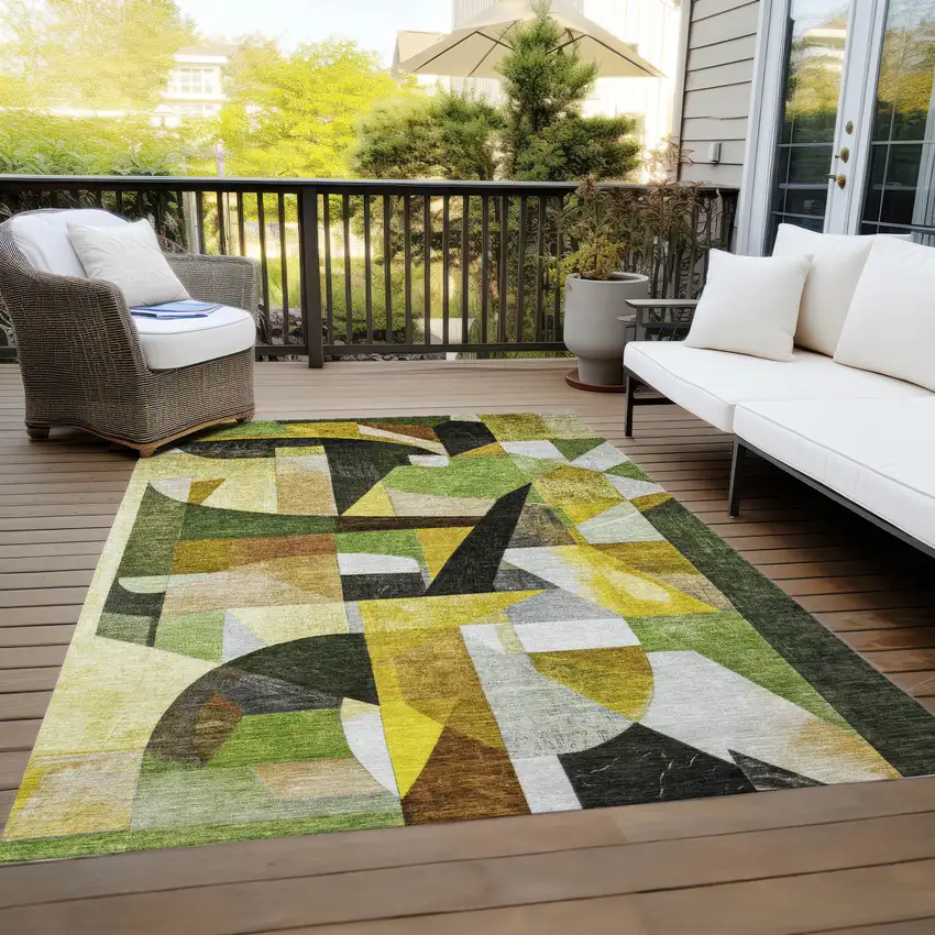 Green Black Gold And Beige Abstract Washable Indoor Outdoor Area Rug Photo 9