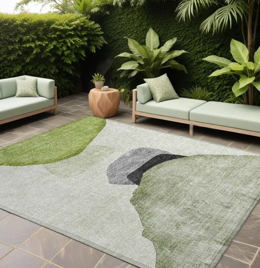 Green Black and Gray Abstract Washable Non Skid Indoor Outdoor Area Rug Photo 1
