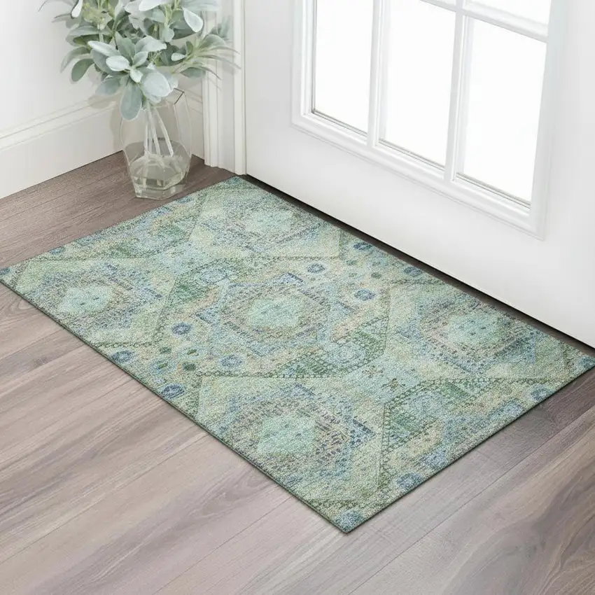 Green Blue And Beige Abstract Geometric Washable Area Rug With UV Protection Photo 2