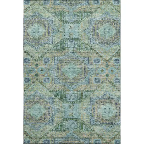Green Blue And Beige Abstract Geometric Washable Area Rug With UV Protection Photo 1