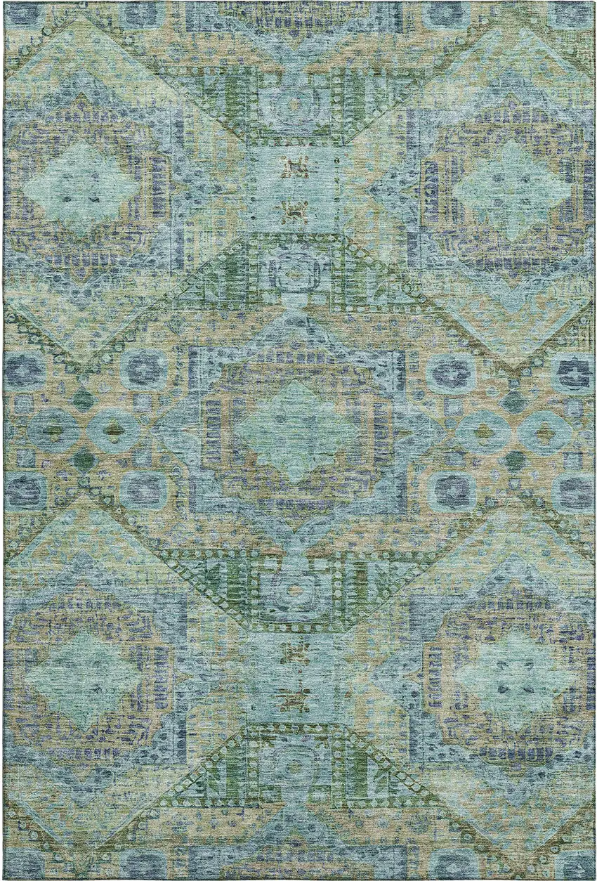 Green Blue And Beige Abstract Geometric Washable Area Rug With UV Protection Photo 1