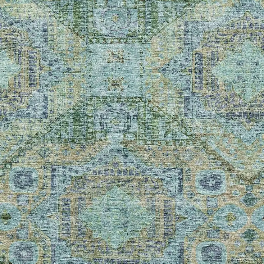 Green Blue And Beige Abstract Geometric Washable Area Rug With UV Protection Photo 3