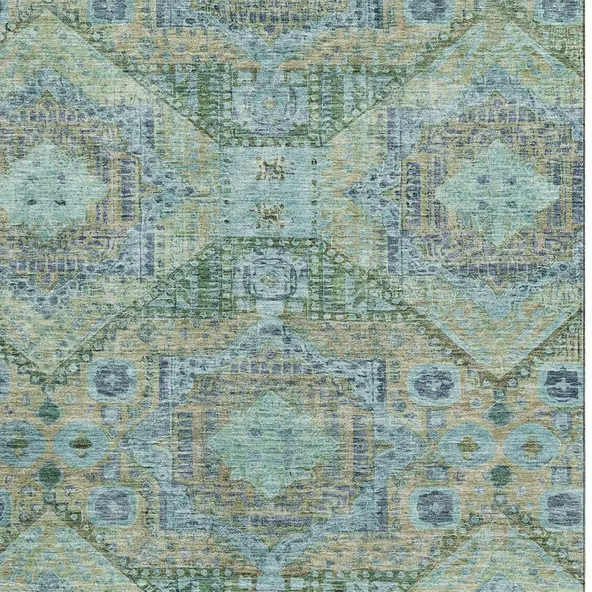 Green Blue And Beige Abstract Geometric Washable Area Rug With UV Protection Photo 4