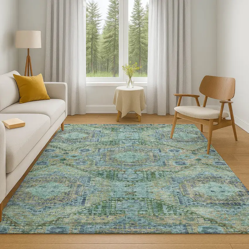 Green Blue And Beige Abstract Geometric Washable Area Rug With UV Protection Photo 6