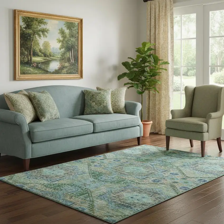 Green Blue And Beige Abstract Geometric Washable Area Rug With UV Protection Photo 2