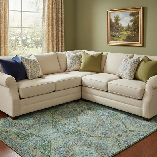 Green Blue And Beige Abstract Geometric Washable Area Rug With UV Protection Photo 2