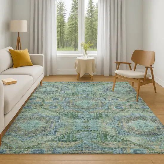 Green Blue And Beige Abstract Geometric Washable Area Rug With UV Protection Photo 6