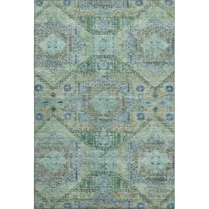 Photo of Green Blue And Beige Abstract Geometric Washable Area Rug With UV Protection