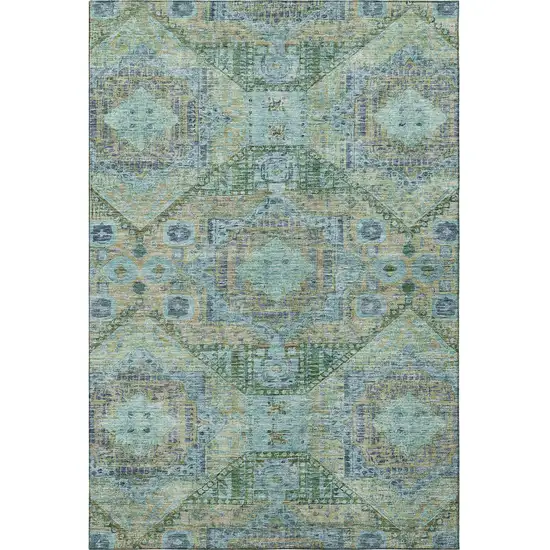 Green Blue And Beige Abstract Geometric Washable Area Rug With UV Protection Photo 3