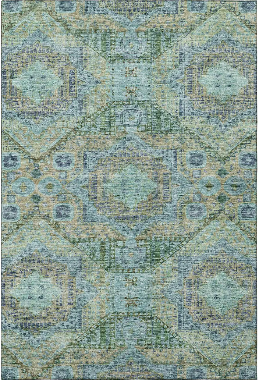Green Blue And Beige Abstract Geometric Washable Area Rug With UV Protection Photo 3