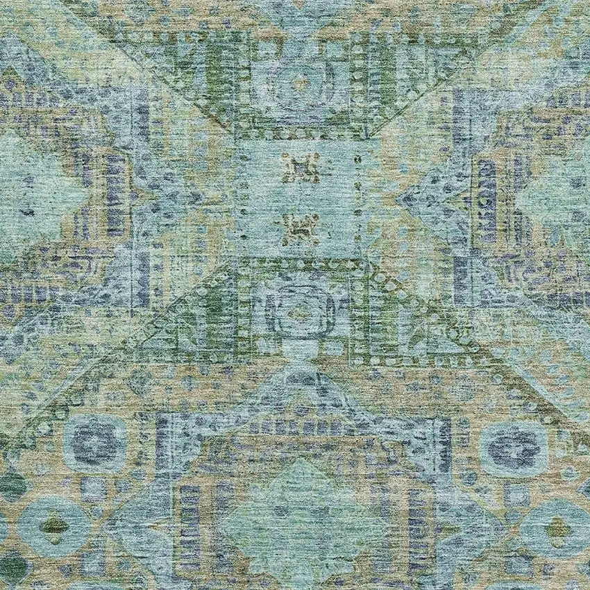 Green Blue And Beige Abstract Geometric Washable Area Rug With UV Protection Photo 3