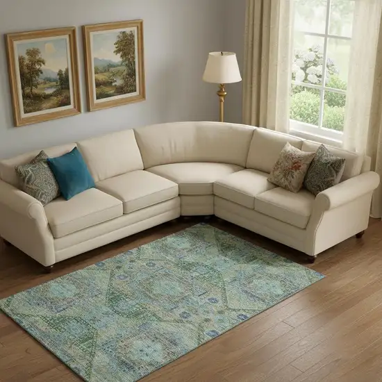 Green Blue And Beige Abstract Geometric Washable Area Rug With UV Protection Photo 2