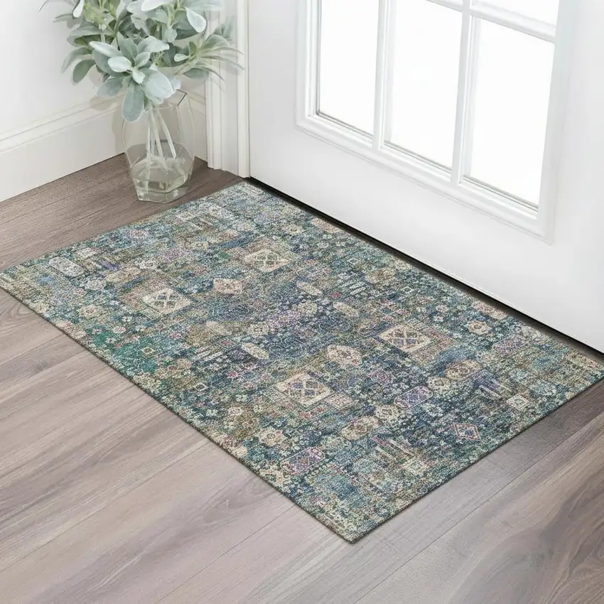 Green Blue And Beige Floral Washable Area Rug With UV Protection Photo 2