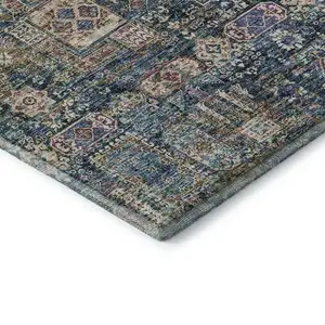Photo of Green Blue And Beige Floral Washable Area Rug With UV Protection
