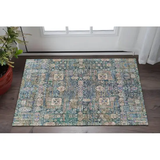 Green Blue And Beige Floral Washable Area Rug With UV Protection Photo 2