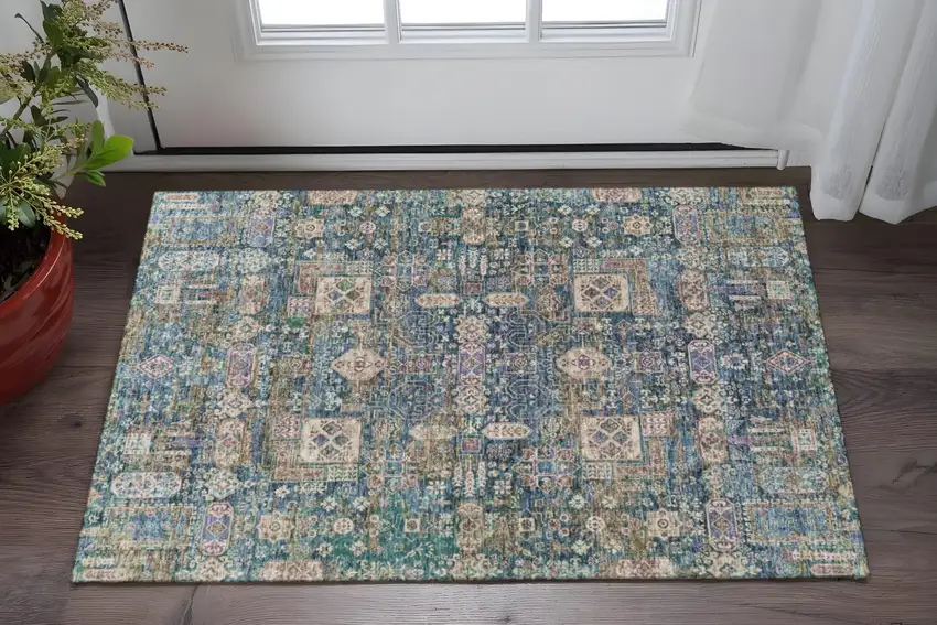 Green Blue And Beige Floral Washable Area Rug With UV Protection Photo 2